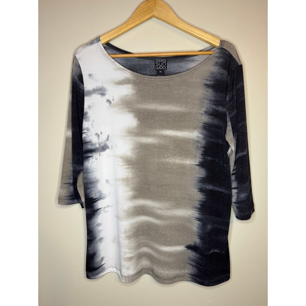 Clara Sunwoo Tie Dye 3/4 Sleeve Top Black Grey White Petite Small PS Made in USA